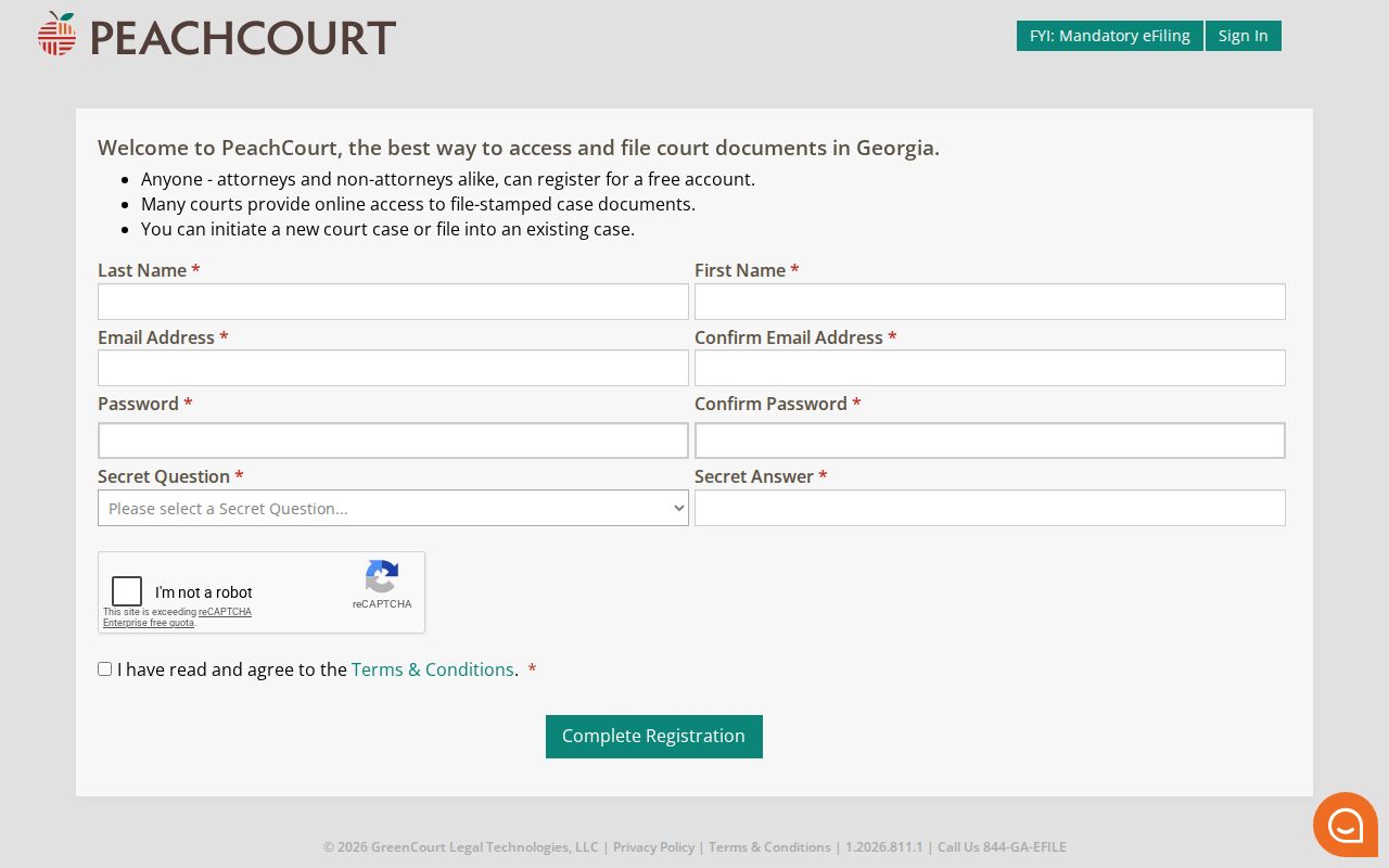 Lamar County docket search PeachCourt account registration fields
